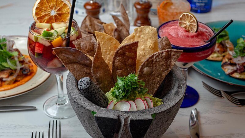 Guacamole and tortilla chip appetizer