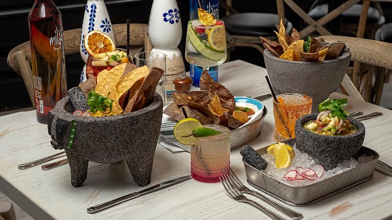Multiple appetizers and cocktails with focus on cerviche and guacamole